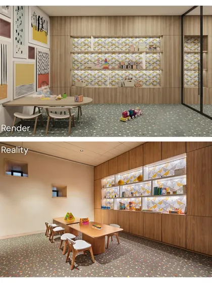Even spaces for our youngest community members are designed with precision. The kids' play area render and reality comparison shows how we deliver on our promise of creating bright, engaging, and functional spaces, complete with custom-built storage and playful design elements.