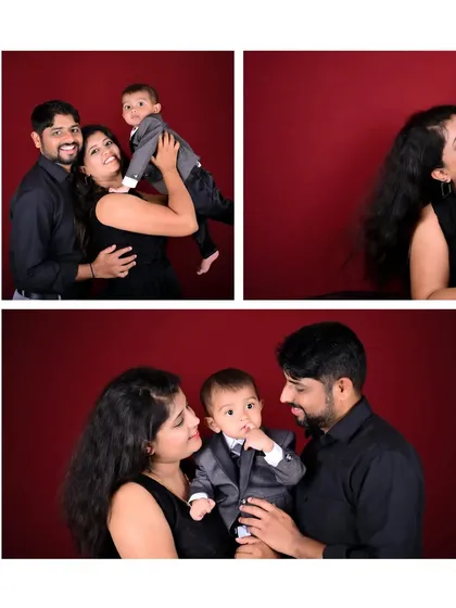 A stylish family photoshoot against a rich red backdrop. This collage shows a mix of posed family portraits and candid moments, like mom lifting her little boy high in the air.