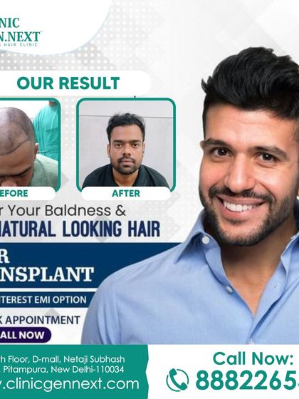 This graphic shows a real patient's before-and-after result, demonstrating how we can cover baldness and restore a natural look.
