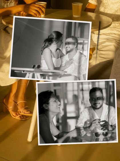 A black and white collage of the couple enjoying their time at the cafe. These shots feel like cherished memories, capturing their smiles and conversations.