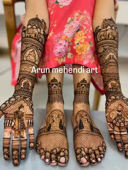 Here is a complete bridal mehendi set, with matching intricate designs for both hands and feet. I ensure the patterns flow beautifully from the arms down to the toes for a stunning head-to-toe look.