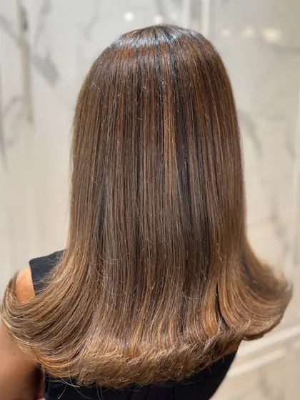 The back view of this straight hair balayage shows the clean lines and beautiful colour placement.