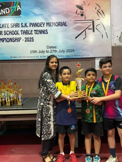Our U-11 boys' team champions, Aryaveer and Garv, with their trophy at the Gautam Buddha Nagar Interschool Championship.