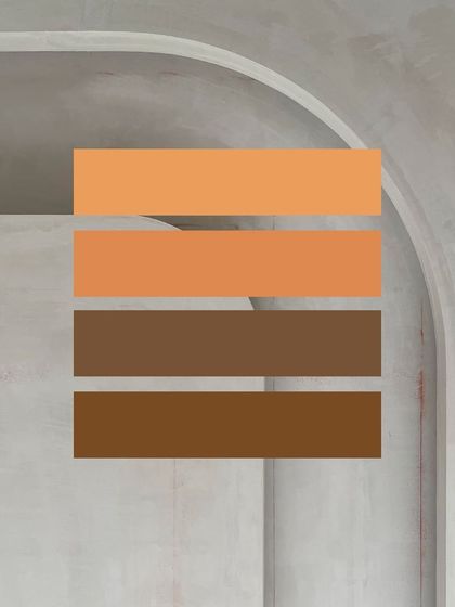 A color palette inspiration for a project, with warm, earthy tones of orange and brown set against a raw, curved concrete wall. This is part of the conceptual phase where we define the mood of a space.