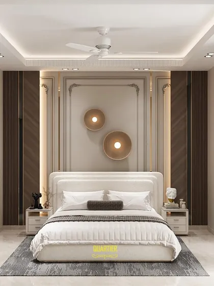 A 3D render for a guest bedroom in Faridabad, showcasing a European-inspired design. The bed wall is the main feature, with intricate mouldings, tinted mirror panels, and rich wood accents creating a luxurious feel.
