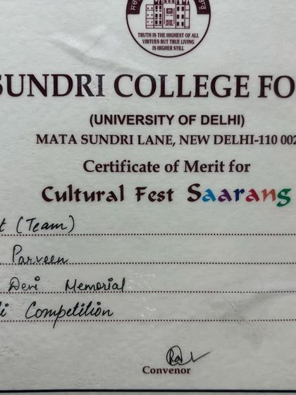 My certificate for winning first prize in a team mehndi competition at Mata Sundri College for Women in 2015. Teamwork makes the dream work.