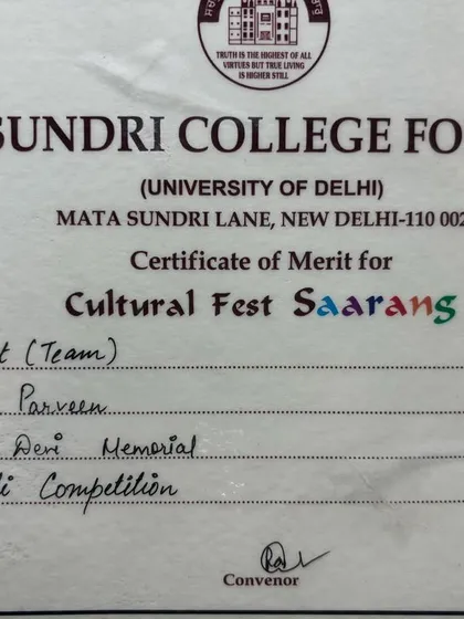 My certificate for winning first prize in a team mehndi competition at Mata Sundri College for Women in 2015. Teamwork makes the dream work.
