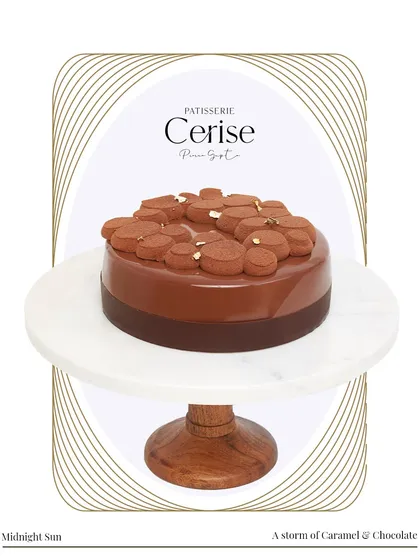 I call this one Midnight Sun. It is an unapologetically decadent composition of silky caramel and bold couverture chocolate. Each layer is designed to be a slow, intense, and deeply comforting experience.