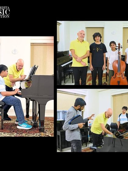 A collage showing pianist Özgür Aydın mentoring our students, both individually at the piano and with our chamber trio. These sessions are vital for honing advanced musical skills.