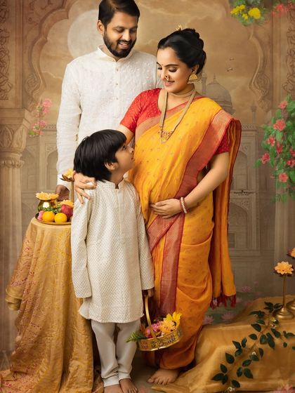 A heartwarming family moment captured in our signature painterly style. The older sibling looks up at his mother with love, creating a precious memory before the new baby arrives.