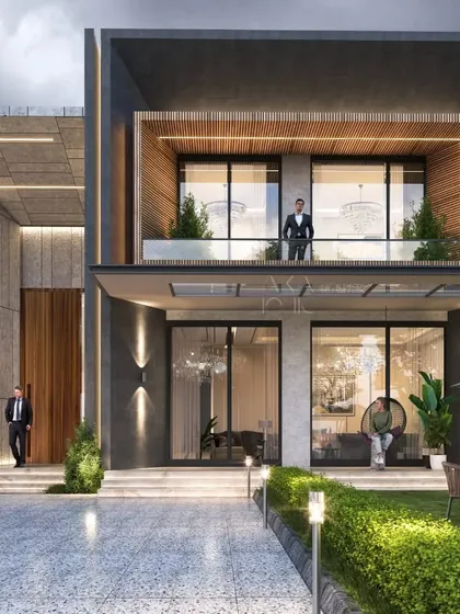 This fully automated farmhouse was designed with the amenities of a luxury hotel. The architecture emphasizes a clean, cubist form with a clear distinction between the solid entrance and the open, glass-walled living spaces that connect to the garden and outdoor seating areas.