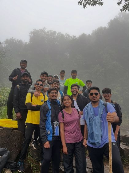 A group photo in the misty forest during the Bandaje trek.
