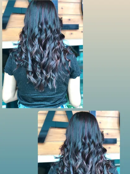 This collage shows two angles of the deep violet highlights, demonstrating how the color looks from different perspectives. It's a versatile shade that can appear subtle in low light and vibrant in the sun.