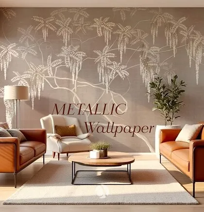 The subtle shimmer of this metallic wallpaper brings a quiet drama to this living room. The cascading foliage design, printed on a soft gold base, catches the light beautifully, adding a layer of modern elegance and texture.