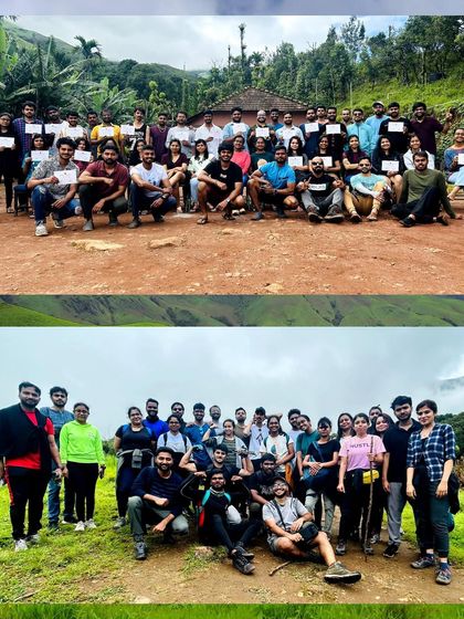 Our trekking groups posing for photos. The top picture shows the team holding completion certificates, a proud moment for everyone.