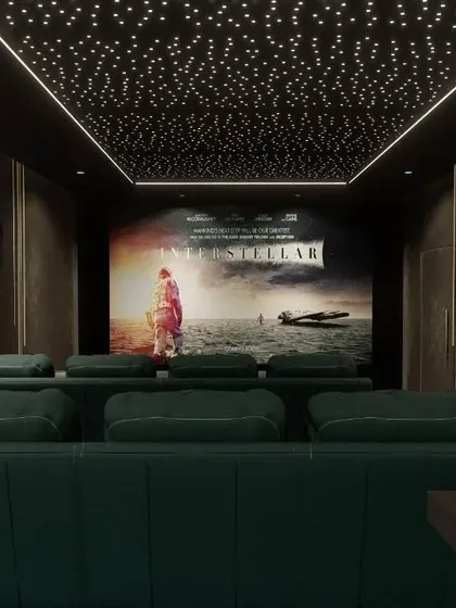 For a truly cinematic feel, I can create custom designs like this one. This setup features deep green seating and a starlight ceiling, making you feel like you're watching a movie like Interstellar among the stars. It’s all about creating a unique and luxurious atmosphere.