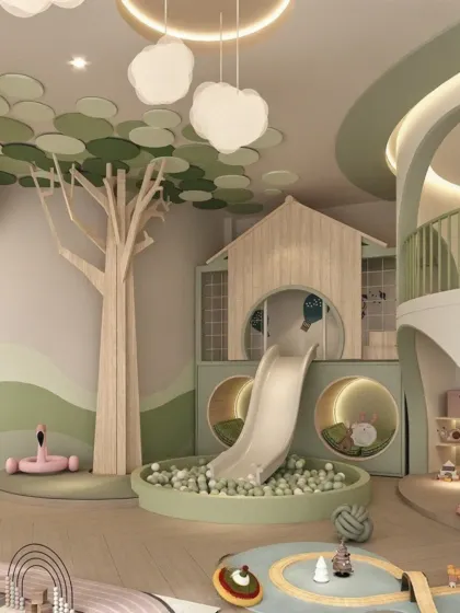 A close-up of the playhouse and slide feature in the playzone. The design includes fun, circular peek-a-boo windows and a ball pit, encouraging active and imaginative play.