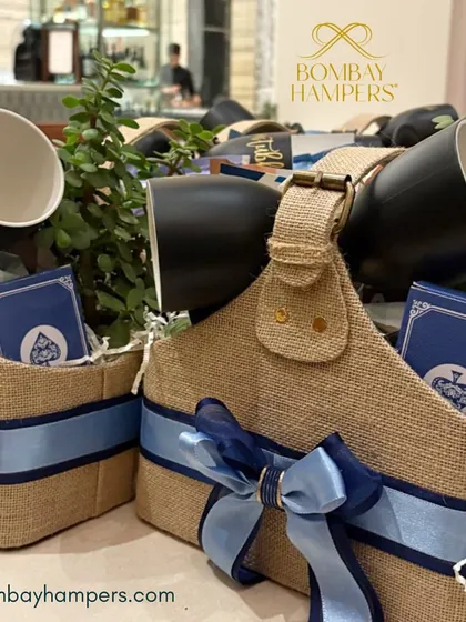 This hamper, featuring custom mugs and playing cards in a sustainable jute basket, was designed to impress international clients. It's a perfect example of a sophisticated gift that strengthens business relationships.