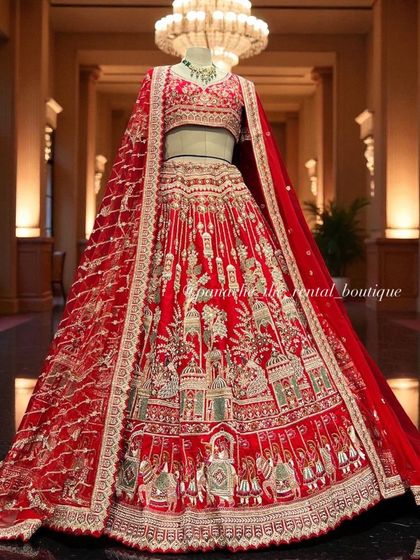 This breathtaking red bridal lehenga is the epitome of royal grandeur. The detailed embroidery portrays a complete palace scene, making it a truly unforgettable outfit for a bride's special day.