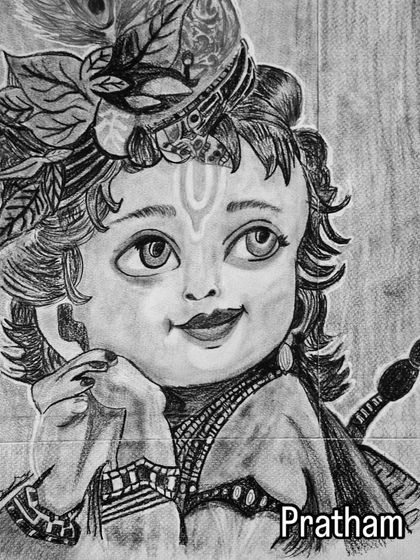 Pratham's charcoal sketch of Krishna has such a lovely, gentle expression. He has mastered the art of soft blending.