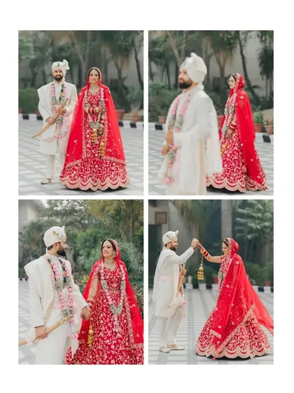 A collage of classic wedding portraits, showing the couple in their beautiful red and white outfits.