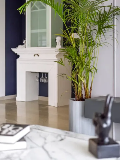 Another view of the bar unit, with a large planter in the foreground. The combination of classic design, modern colors, and natural elements is a hallmark of our style.