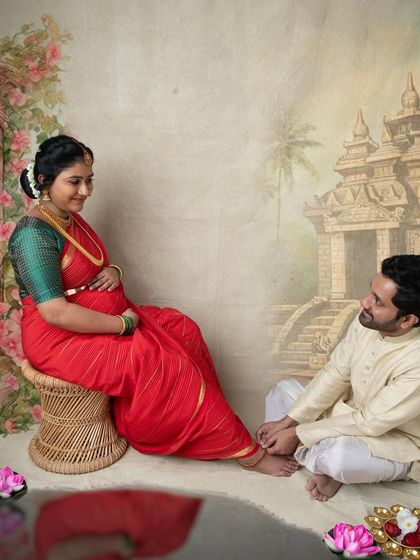 A beautiful portrait of a couple during their traditional saree maternity session. The husband's loving gaze adds such a warm, personal touch to this artistic, painting-style photograph.
