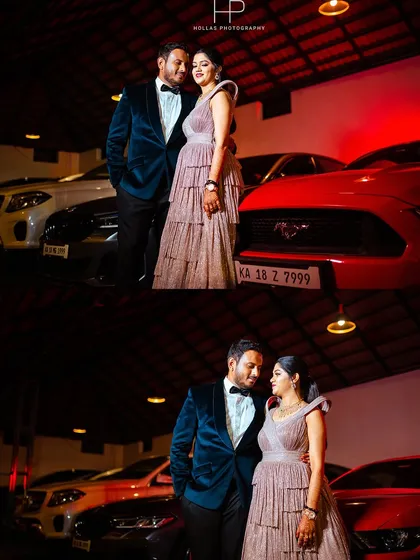 A cool and stylish couple portrait during their cocktail party. The groom's blue velvet tuxedo and the bride's gown stand out against the bold red of a Ford Mustang, adding a touch of modern glamour.