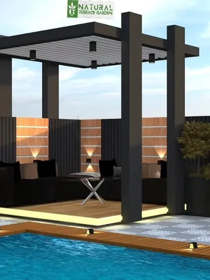 A bold, black pergola design with integrated seating, proposed for a rooftop pool area in Gurgaon.