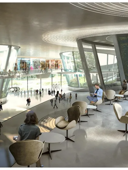 The spacious and airy concourse level, designed to handle large crowds while maintaining a connection to the outdoors.