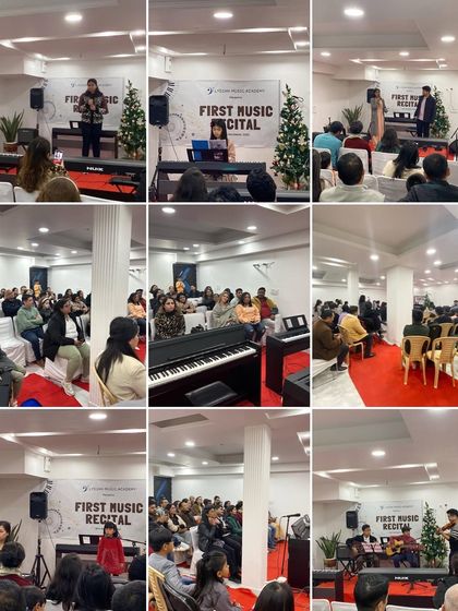 A collage capturing the vibrant atmosphere of our First Music Recital. You can see the engaged audience and the variety of performers who took the stage.