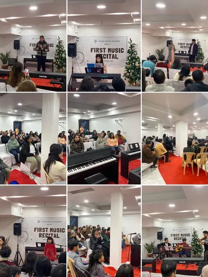 A collage capturing the vibrant atmosphere of our First Music Recital. You can see the engaged audience and the variety of performers who took the stage.