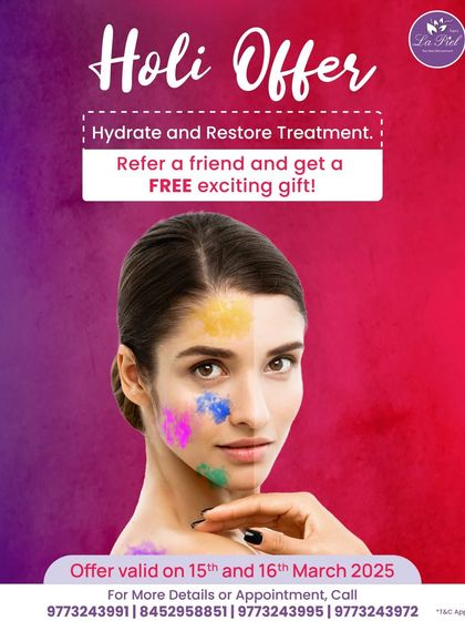 To celebrate Holi, I offered a special 'Hydrate and Restore' treatment to help skin recover from the festivities. I also included a referral gift as a way to thank my patients for sharing their positive experiences with friends.