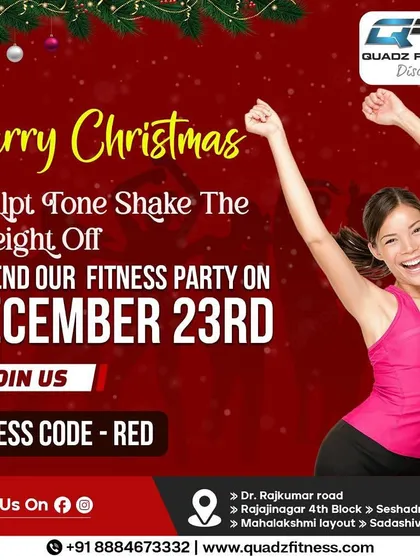 Our poster for the Christmas fitness party. We invited everyone to join us in red and white to sculpt, tone, and shake the weight off before the holidays.