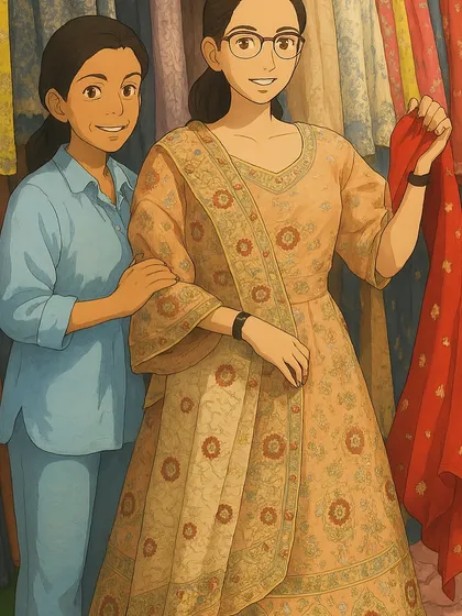 A fun, anime-inspired illustration of a shopping session with one of my wonderful clients. Finding the perfect outfit is always a joyful adventure.