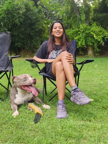 A happy, panting dog is a tired dog. Here's Spartan, my "chonk," just chilling after a good play session. This is the peaceful side of living with a high-drive dog.