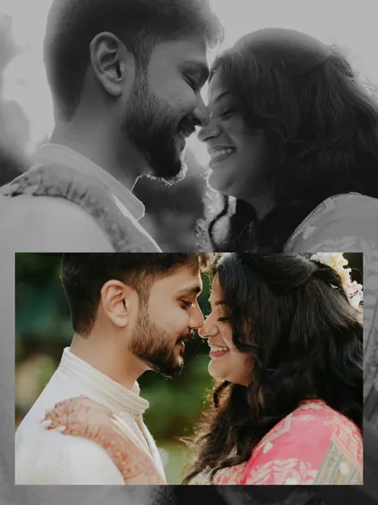 A collage of love and happiness from an engagement shoot. The bride's makeup is natural and glowing, perfect for these candid moments.