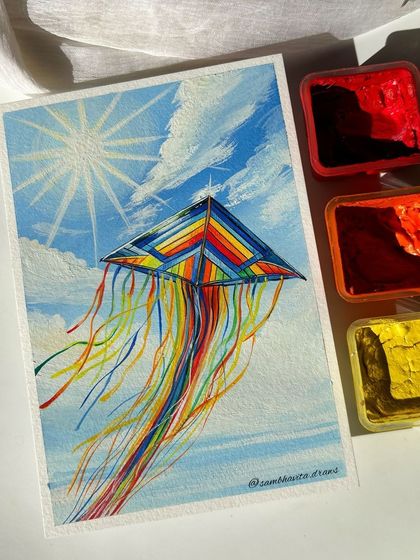 My gouache painting of a colorful kite flying high in a sunny, cloud-filled sky. This piece feels so joyful and free.