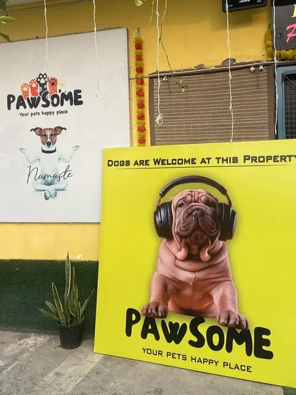 A close-up of our fun signage. The "Namaste" dog perfectly captures our friendly and respectful philosophy towards our furry guests.
