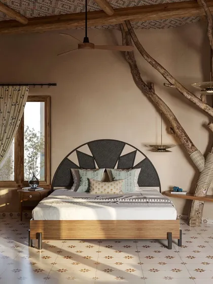 A full view of the bed with the integrated tree feature. The headboard's geometric pattern contrasts with the organic form of the branches, creating a beautiful balance between structured design and natural chaos.