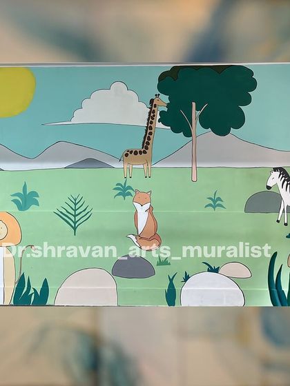 A simple and sweet forest theme for a nursery school. The cartoon-style animals like the lion, giraffe, and fox create a friendly and welcoming environment for young children.