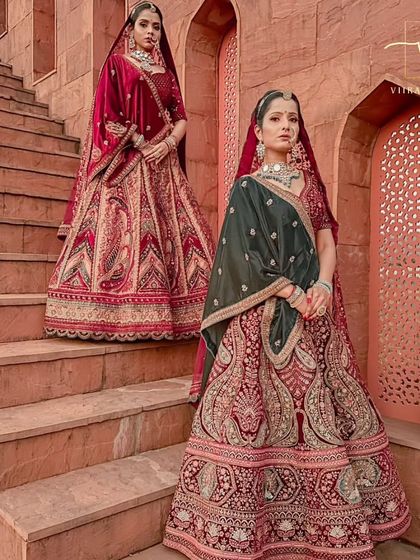 A side-by-side look at two different styles of royal bridal lehengas. Notice the unique embroidery patterns and color combinations that make each piece special.