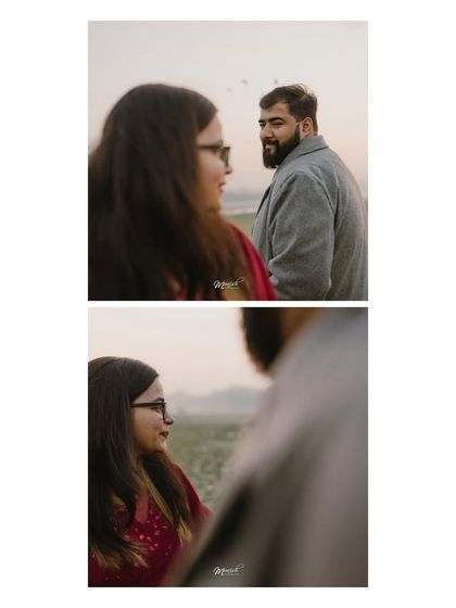 An artistic over-the-shoulder perspective, creating a sense of intimacy and a personal point of view in their pre-wedding story.