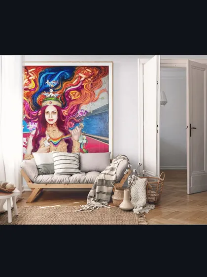 I love seeing my art transform a space. Here, my large-scale painting "Devi" becomes the soul of this room, bringing vibrant color and powerful feminine energy into the home. A custom piece should feel like it truly belongs in your world.