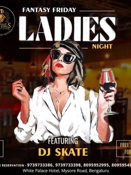 A stylish "Fantasy Friday Ladies Night" poster for an event at Brew Kings.