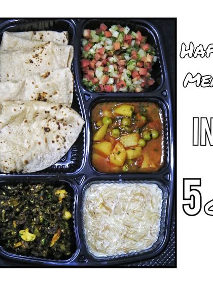 The 5-compartment meal offers a balanced option with phulkas, two sabzis, a salad, and a sweet.