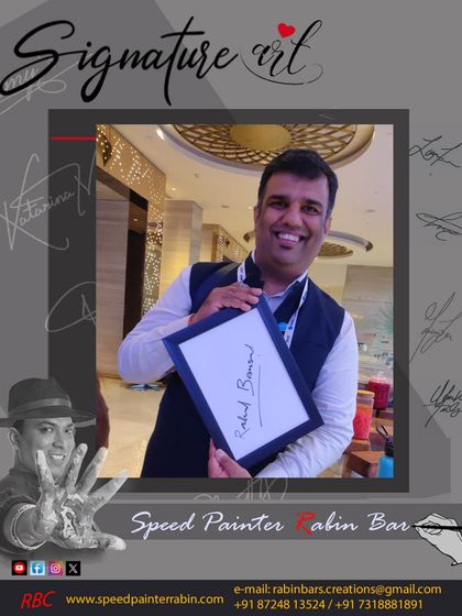 A guest at a Delhi event holds up his blank canvas before I transform his signature into art. The before and after is always amazing.