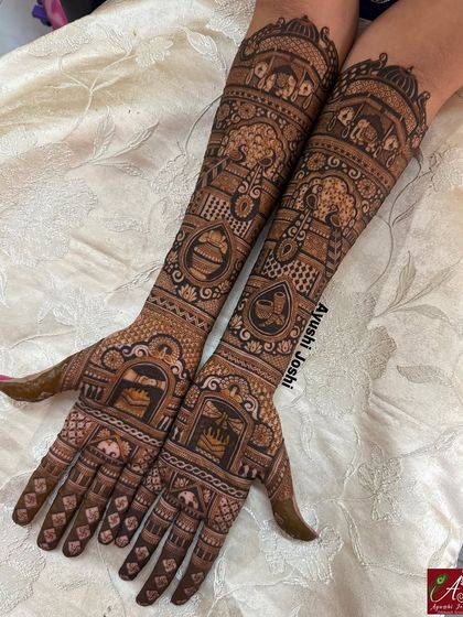 A full bridal mehendi design created without any human figures, focusing on traditional motifs like havan kund, kalash, and peacocks.