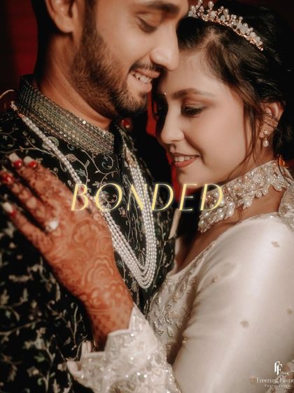A close-up of the couple, titled "Bonded," capturing their happy smiles and the intricate details of their reception attire.
