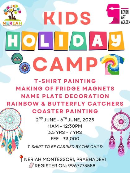 An announcement for our Kids Holiday Camp at Neriah Montessori, featuring activities like T-shirt painting, fridge magnet making, and coaster painting for young children.